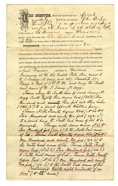 Conveyance of Land by Desloge Lead Co., to Peter Richard Kenrick, Archbishop of St. Louis, for the Sum of $1. Property Transferred by Gerald B. Allen